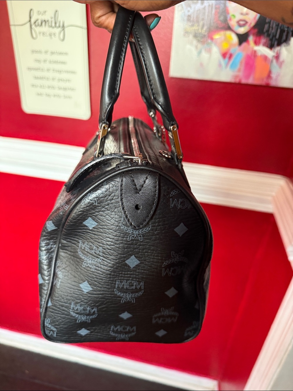 MCM Black Monogram Leather Satchel with Bone Charm - Picture 4 of 12